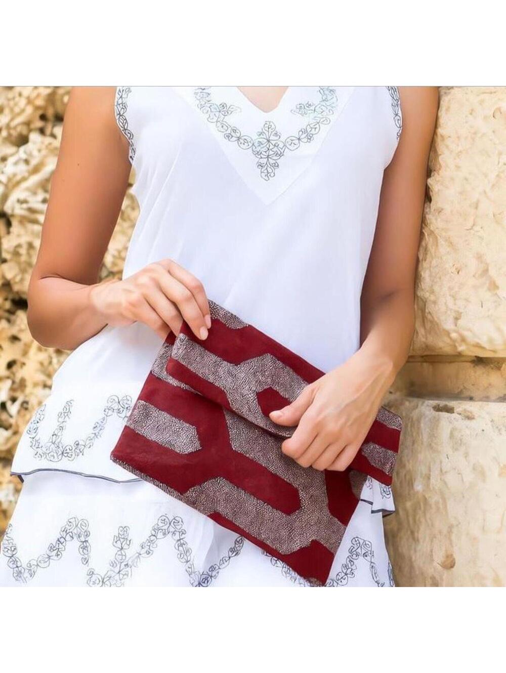 NWT GUADALUPE Dhurrie Red Silver Clutch Handbag
